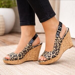 Franco Sarto Colley Y2K Glam Revival Leopard Cork Wedge Sandals 8M